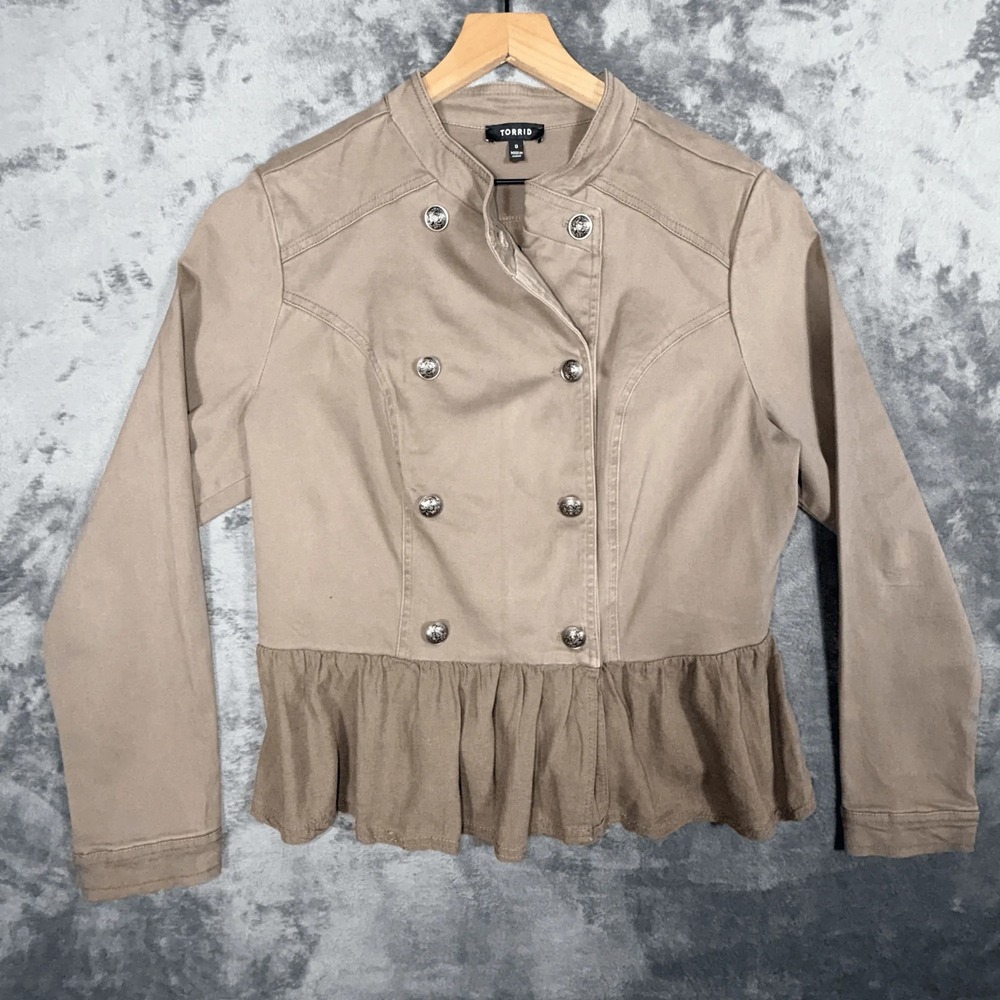 Torrid‎ Womens Peplum Military Jacket Size 0 Tan Double Breasted